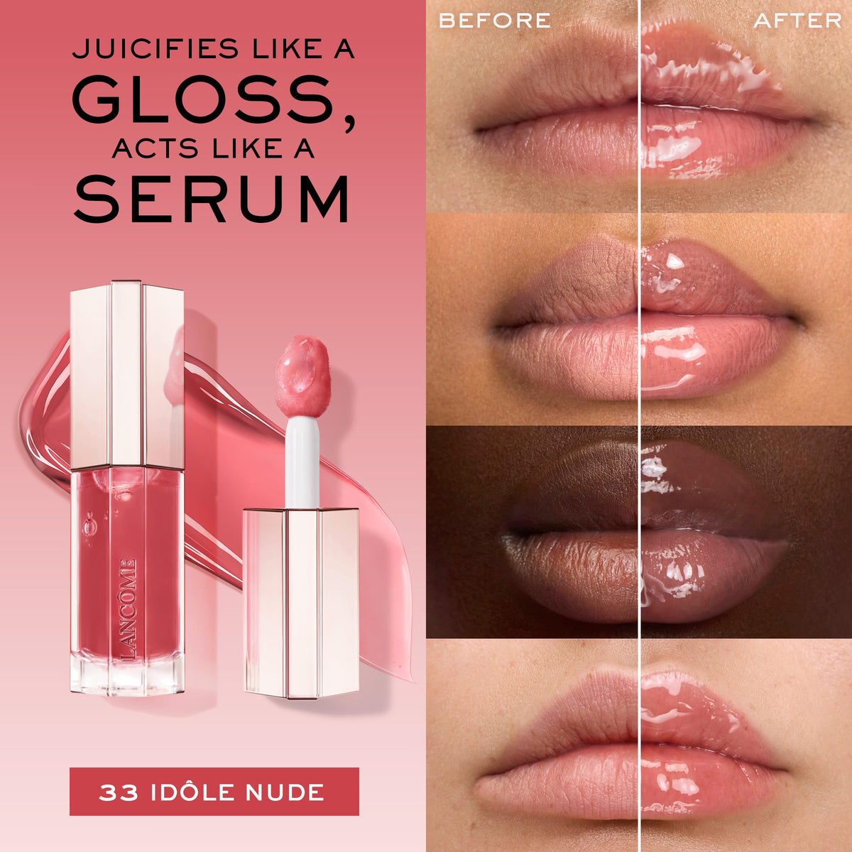 Lancôme Lip Idôle JuicyTreat Oil-in-Gloss -24HR Hydrating Gloss with Squalane for Instant Shine - 33 Idôle Nude