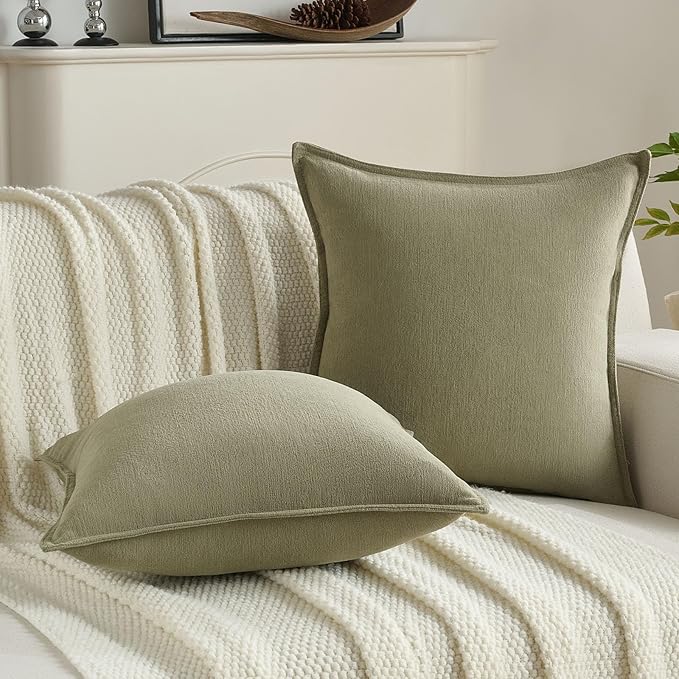 FUTEI Olive Green Chenille Throw Pillow Covers 18x18 Inch Set of 2,Edges Double-Stitched Cushion Cases,Modern Home Decor for Couch Living Room