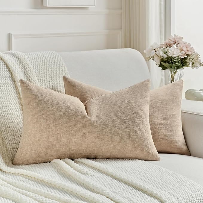 FUTEI Dusky Pink Chenille Decorative Throw Pillow Covers 12x20 Inch Set of 2,Soft Cozy Faux Linen Textured Lumbar Pillow Cases,Farmhouse Home Decor for Couch Living Room