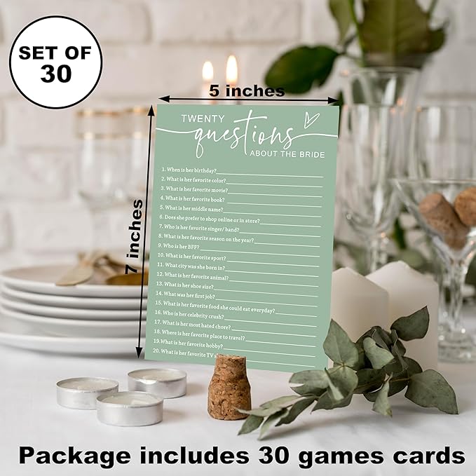 20 Questions About The Bride, Sea Green Bridal Shower Games, 30 Elegant Wedding Game for Bachelorette Engagement Party Reception Supplies - A07