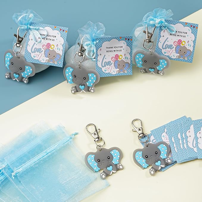 HozHoy 40 Sets Baby Shower Favors for Boys, Guests Gifts Including Elephant Keychains Decorations, Drawstring Bags, Thank You Cards