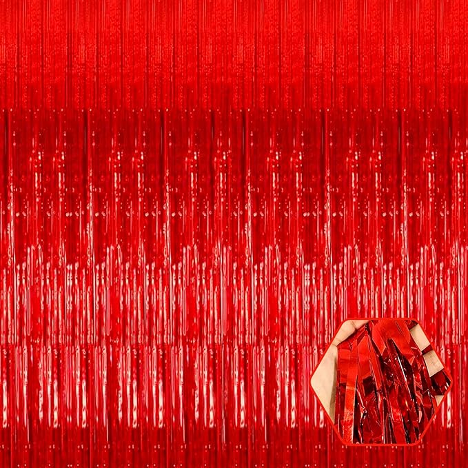 3 Pack Red Foil Fringe Curtain Backdrop, 3.28Ft x 6.6Ft Metallic Tinsel Foil Fringe Streamer Curtains for Photo Booth, Christmas Day, Thanksgiving, Wedding, New Year Party Decorations