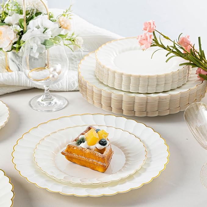 Lullaby 96PCS Ivory Scalloped Plastic Plates with Gold Rim, Disposable Elegant Plates Include 48pcs Dinner Plate 10.25", 48pcs Dessert Plate 7.5", Perfect for Daily Use, Wedding and Party