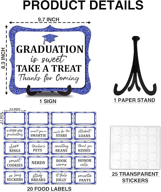 20PCS Graduation Candy Buffet Labels, 1 Blue Glitter Candy Buffet Table Sign with Stand, Catering Supplies Display for Graduation Decorations Class of 2026 -A01