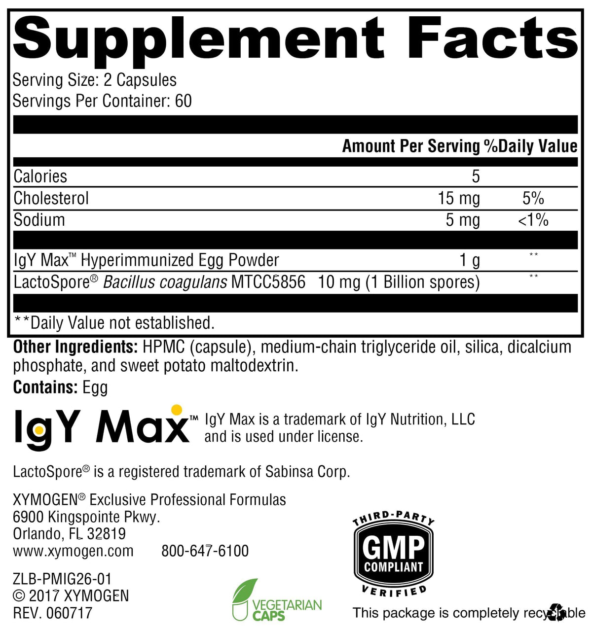 XYMOGEN ProbioMax IG 26 - Immunized Egg Powder & Bacillus Coagulans - Digestive Health Support - Vegetarian, Gluten-Free & Non-GMO - 120 Capsules