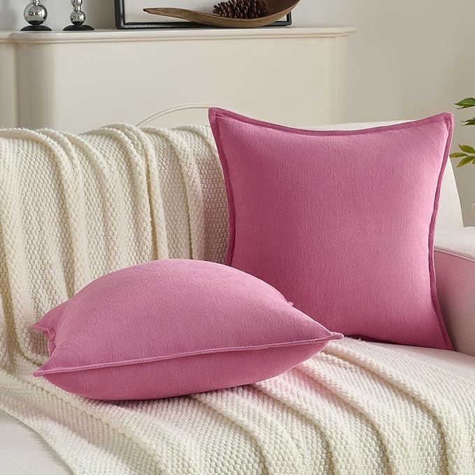 FUTEI Hot Pink Chenille Throw Pillow Covers 16x16 Inch Set of 2,Edges Double-Stitched Cushion Cases,Modern Home Decor for Couch Living Room