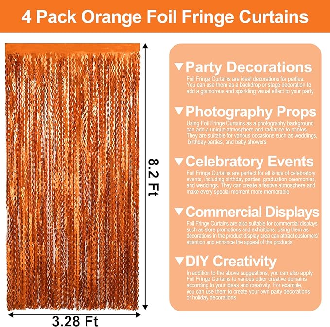 4 Pack Orange Wave Foil Fringe Curtain Backdrop, 3.28Ft x 8.2Ft Metallic Tinsel Foil Fringe Streamer Curtains for Photo Booth, Mother's Day, Easter, Birthday, Wedding Party Decoration