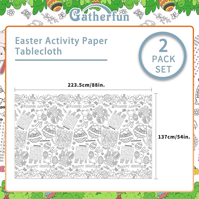 Gatherfun 2 pcs Disposable Easter Color-in Paper Tablecloth Decoration，Happy Easter Paper Table Cover for Children School Party Decor-54 x 88 in，2 pcs