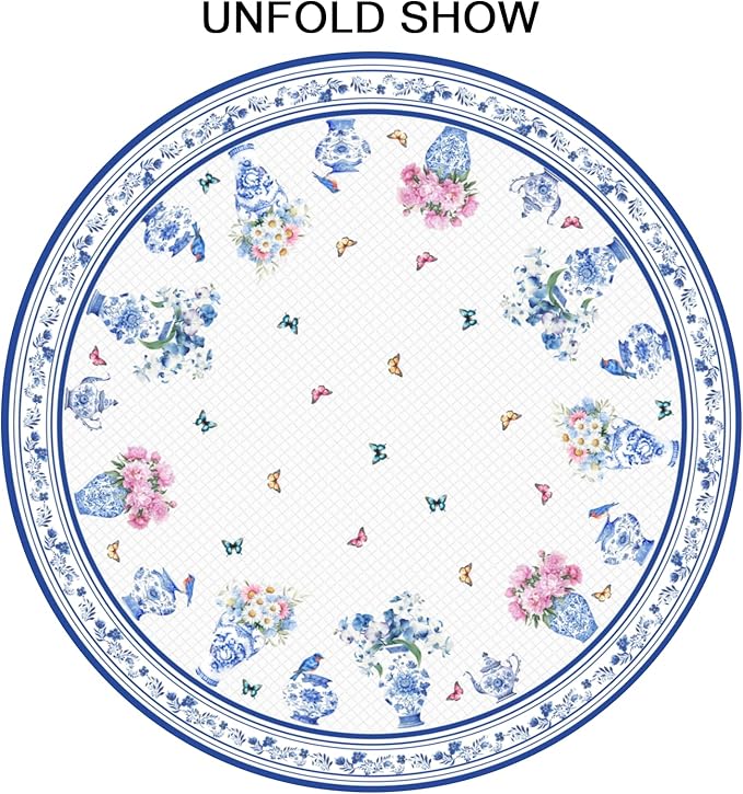 Spring Summer Round Tablecloth Blue Vase Floral Circle Table Cloth 60 Inch Chinoiserie Farmhouse Table Cover Washable Polyester Indoor Decorations for Home Kitchen Dinning Party