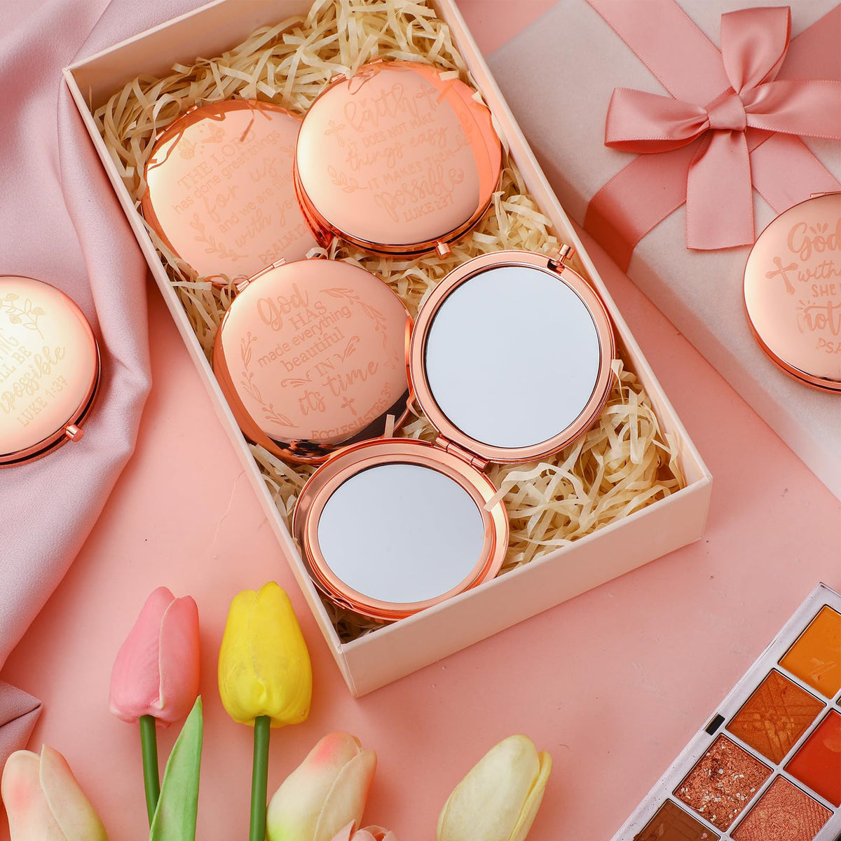 Huwena 12 Pcs Christian Gifts Mirror for Women Bulk Bible Verse Makeup Folding Compact Pocket Mirror Back to School Party Inspirational Religious Gift Teacher Coworker Employee Travel Church Baptism