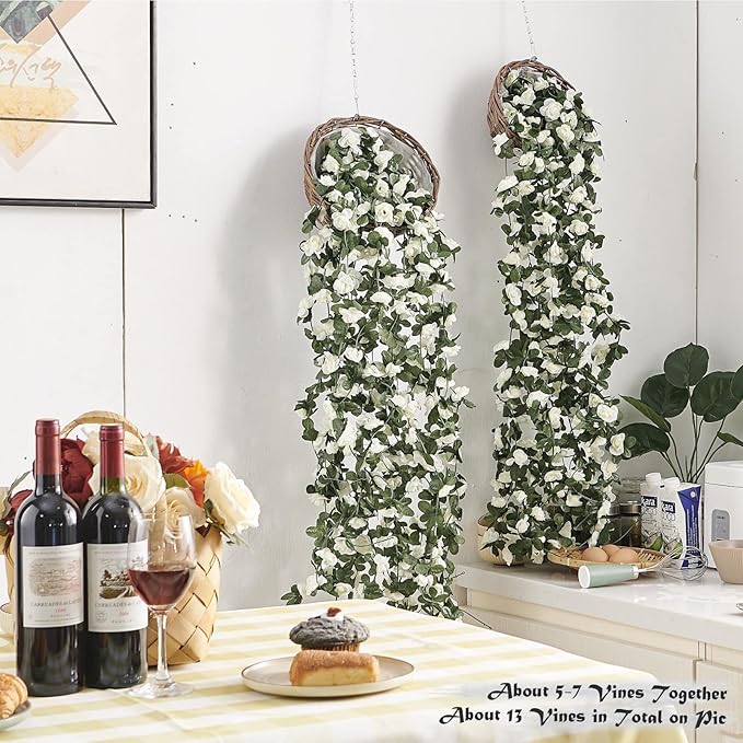 8 Pcs x 8.2 ft Flower Garland Artificial Rose Vine Flowers with Green Leaves Hanging Fake Roses Vine for Room Party Home Wedding Birthday Christmas Wall Arch Decor, Spring White Flower