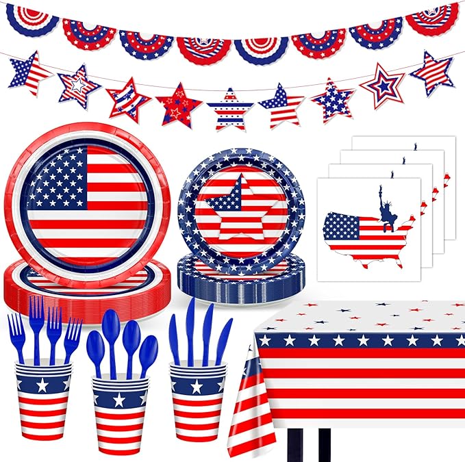 170 Pcs Patriotic American Flag Plates Napkins Cups Tablecloth Banner Red White Blue 4th of July Party Supplies for Flag Day, Veterans Decorations Serve 24