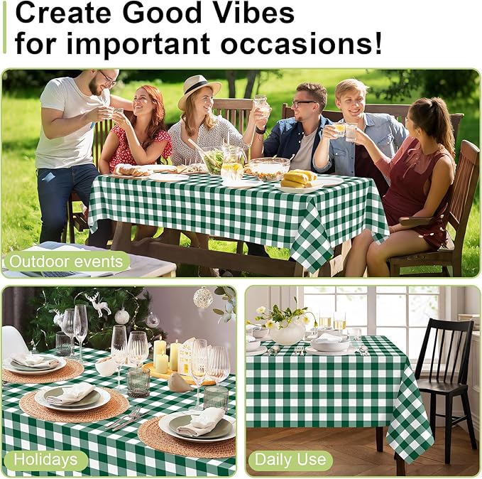 QIKSION Green Gingham Tablecloth Disposable 2 Pack, 54 x 108 Inch Green and White Checkered Table Cloth for Camping, Birthday, Masters Golf Party Supplies, Rectangle, Plastic Table Cover