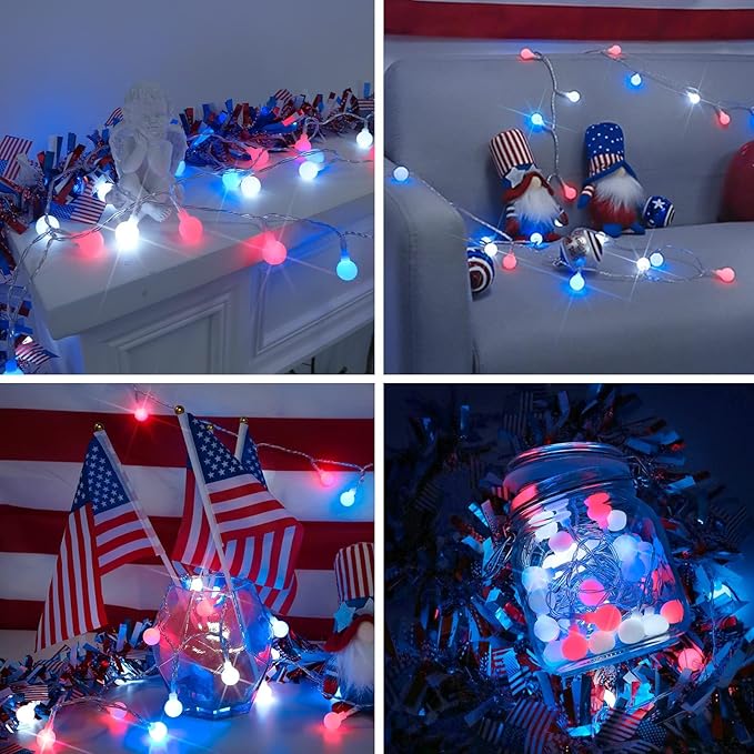 suddus Red White and Blue Lights, 100 Led Battery Powered String Lights, Globe String Lights for Flag, Backyard, Patio, Garden, Party, Bedroom, Living Room, Christmas, Classroom Decoration