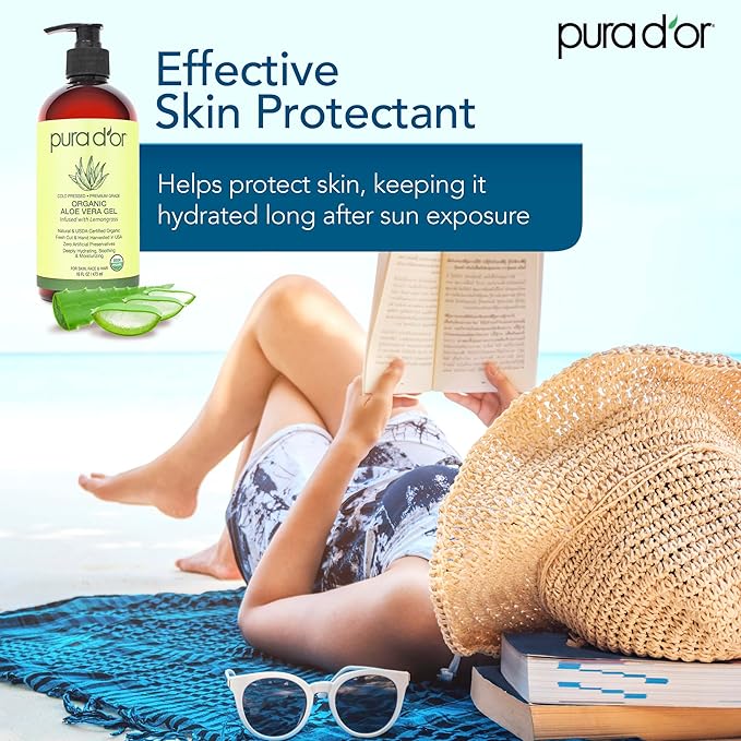 PURA D'OR 16 Oz ORGANIC Aloe Vera Gel - Lemongrass - All Natural - ZERO Artificial Preservatives - Deeply Hydrating & Moisturizing - Sunburn, Bug Bites, Rashes, Small Cuts, Eczema Relief - Skin & Hair