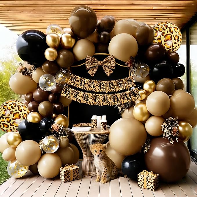 Brown Black Balloon Arch Double Stuffed Cheetah Birthday Balloon Garland Kit Coffee Tan Nude Gold Balloons for Cheetah Leopard Print Birthday Animal Jungle Neutral Baby Shower Wedding Wild Party Decor