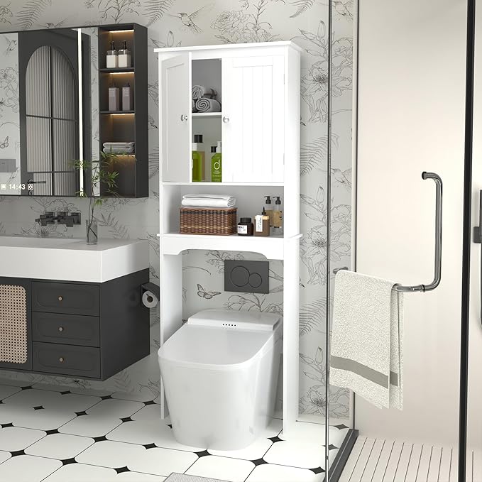 Over The Toilet Storage Cabinet with 3-Tier Shelves,Space-Saving Bathroom Organizer Rack Freestanding Shelf Unit for Bathroom (1-1)