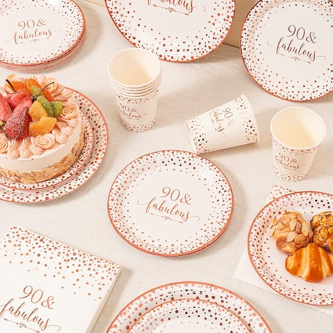 Crisky Rose Gold Foil 90 Fabulous Napkins, Cups Set for Women's 90th Birthday Party Decorations, Disposable Tableware Set of 24 (9" Plates, 7" Plates, Luncheon Napkins, 9oz Cups)