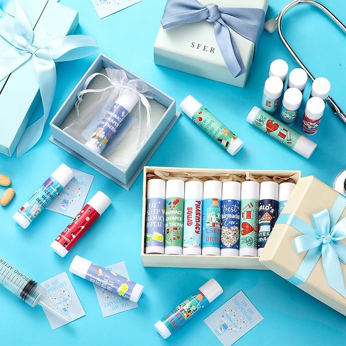 36 Set Pharmacy Gift Bulk Pharmacist Technician Funny Lip Balm Thank You Tag Organza Bag National Pharmacist Day Appreciation Gift for Medicine Tech Nurse Doctor Valentine's Day Accessories