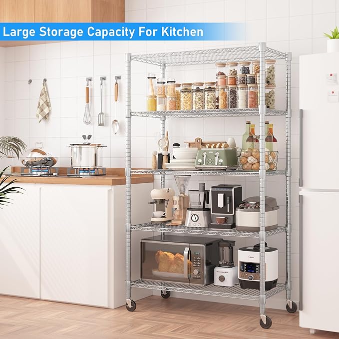Homdox Heavy Duty Storage Shelves, 5 Tier Wire Shelving Unit with Wheels, Commercial Adjustable Metal Shelves for Storage, Garage Rack Pantry Shelves Kitchen Shelving, 18"x36"x82", Chrome