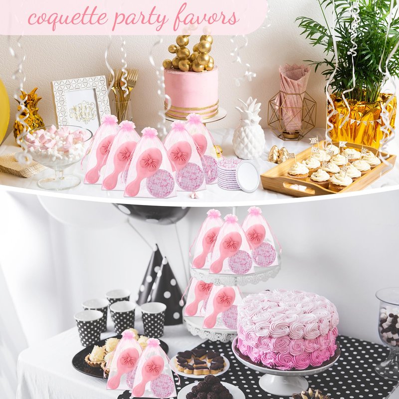 Wonderjune 36 Set Pink Bow Party Favors Women Coquette Compact Mirrors with Mini Hair Brush Organza Bag Inspirational Coquette Aesthetic Preppy Gifts for Sleepover Birthday Bow Themed Party Favors