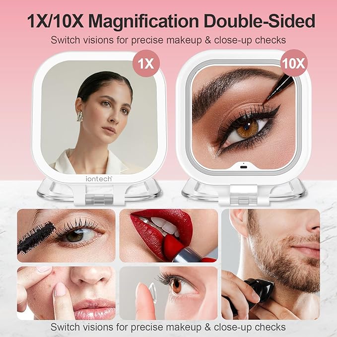 ION iontech Vanity Mirror with Lights,1x/10x Magnifying Glass,2500mAh Battery Double Sided Vanity Mirror,7in Makeup Mirror with 3 Color Light,Brightness Adjustment Memory,Folding Stand (Pink)