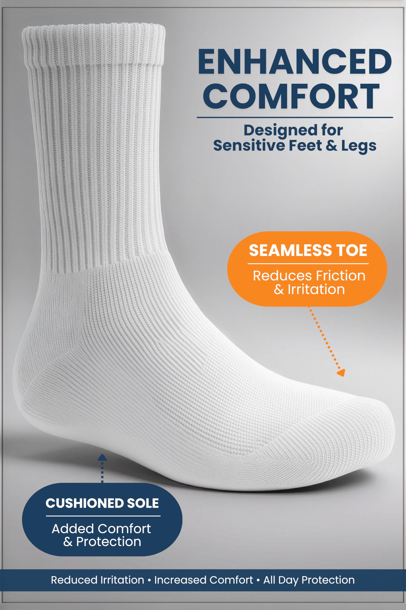 Special Essentials Diabetic Socks for Men & Women – 12 Pairs of Non-Binding Extra Wide Top Cotton Neuropathy Socks – Crew Length, White, 9-11