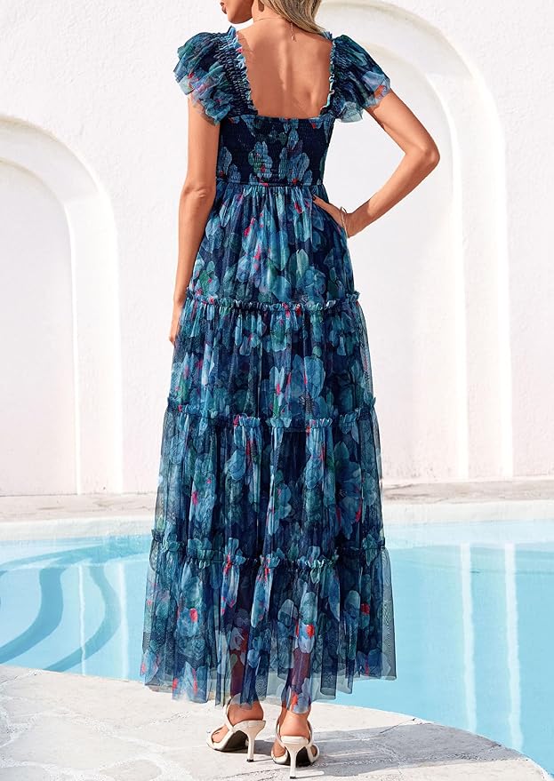 PRETTYGARDEN Women's Summer Tulle Midi Dress Sleeveless Smocked Ruffle Flowy Mesh Dresses Party Wedding Guest Sundress