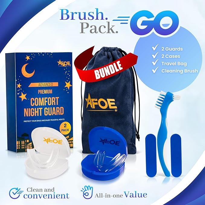 2-Pack Dual-Mold Bruxism Night Guards, Premium Comfort for Teeth Grinding & TMJ Relief (Clear & Blue), BPA & Latex-Free, Custom Dental Guards, Travel Cases & Brush – by AFOE