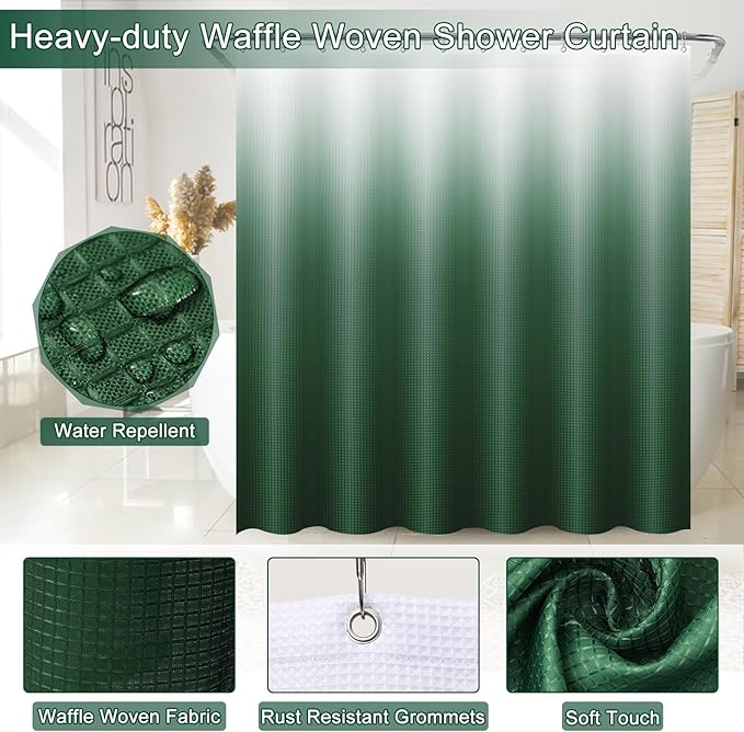 32PCS Dark Green Bathroom Accessories Set with Shower Curtain,Rugs,Trash Can,3PCS Lotion Soap Dispenser, Toothbrush Holder, Soap Dish,Tumbler Cup,6PCS Wood Tags Bath Accessories with Tray for Bathroom