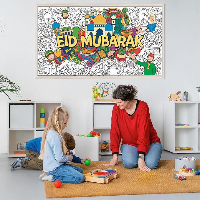 OHOME Eid Mubarak Giant Coloring Poster/Tablecloth - Eid Decorations for Home,Kids Gifts Crafts Games Activities Toys Decor Party Decor for Classroom School