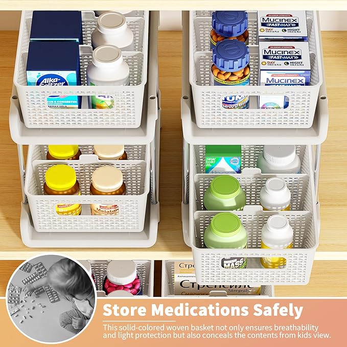 RIKOJUXI Bathroom Organizer with Dividers, 2Pcs 2 Tier Stackable Under Sink Organizers and Storage Cabinet Organizers for Bathroom Kitchen Pantry Organization and Storage, Medicine Cabinet Organizer