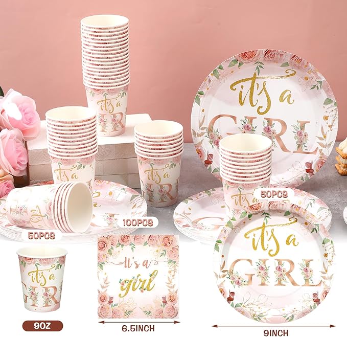 200 Pcs Floral Baby Shower Paper Plates Napkins Cups Baby Shower Party Supplies Tableware Set Rose Gold Disposable Cup Napkin for 50 Guest Girls Spring Party Decoration
