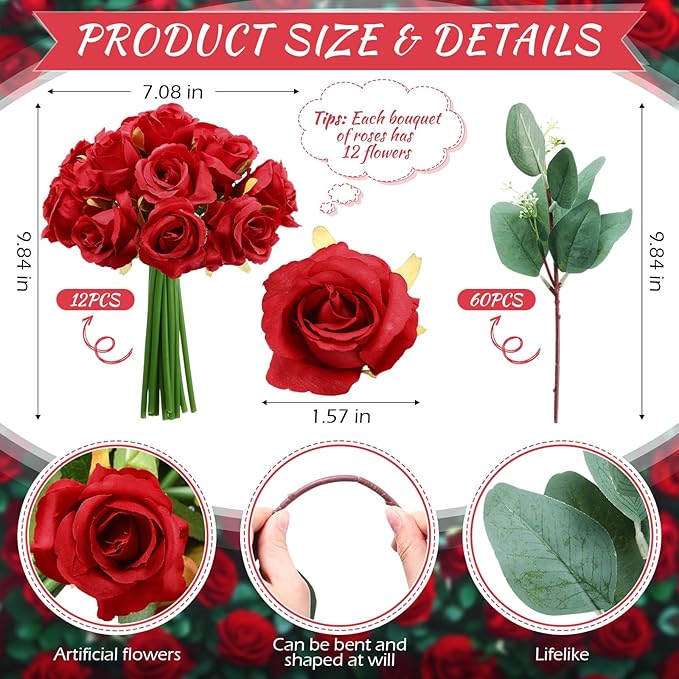 Zeyune 12 Bunches Wedding Bridesmaids Bouquets 144 Heads 7 Inch Artificial Rose Bouquets Silk Fake Flower Bulk with Stems for Valentine's Day Wedding Bridal Shower Home Party Decor(Red)