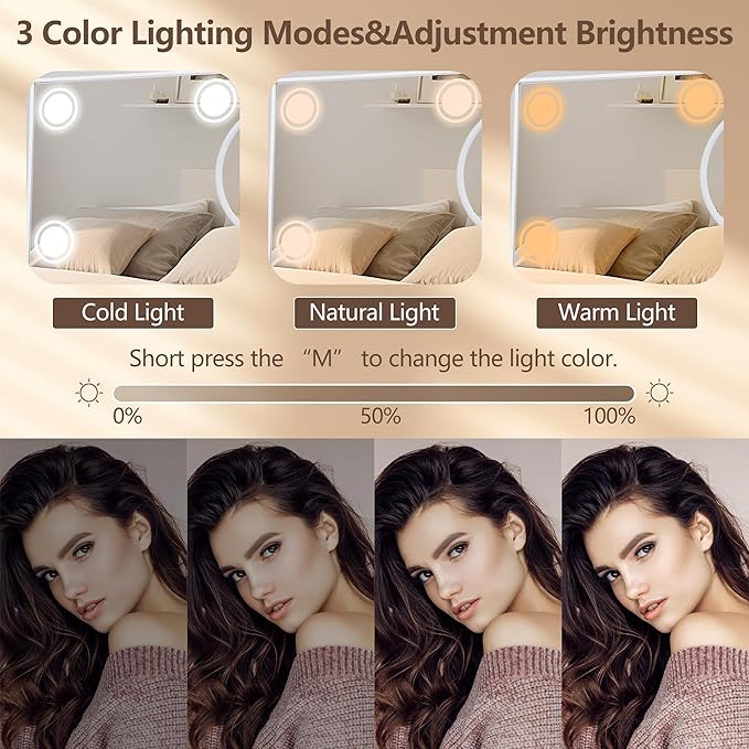 Lighted Makeup Mirror, 14"x 12" Hollywood Vanity Mirror with 9 LED Bulbs, 3 Color Lights, and Detachable 10X Magnification Mirror, 1200mAh Rechargeable, Touch Control, 360°Rotation (White)