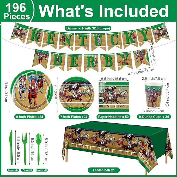 Kochorie 196 Pieces Horse Racing Tableware Set Include Disposable Plates Cups Napkins Banner Plastic Tablecloth Cutlery for Horse Racing Party Supplies, Serve 24 Guests
