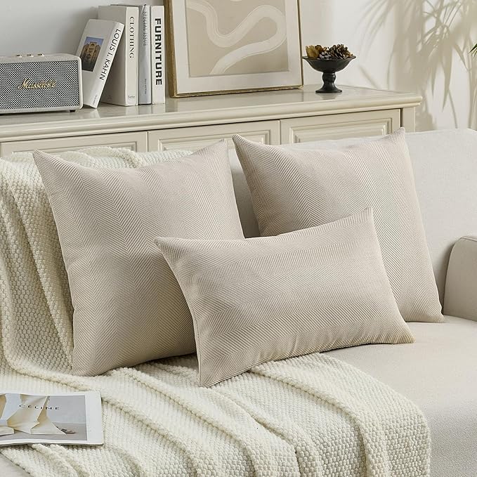 FUTEI Beige Chenille Throw Pillow Covers 22x22 Inch Set of 2,Soft Wide Chevron Textured Cushion Case,Farmhouse Home Decor for Couch Bed Living Room