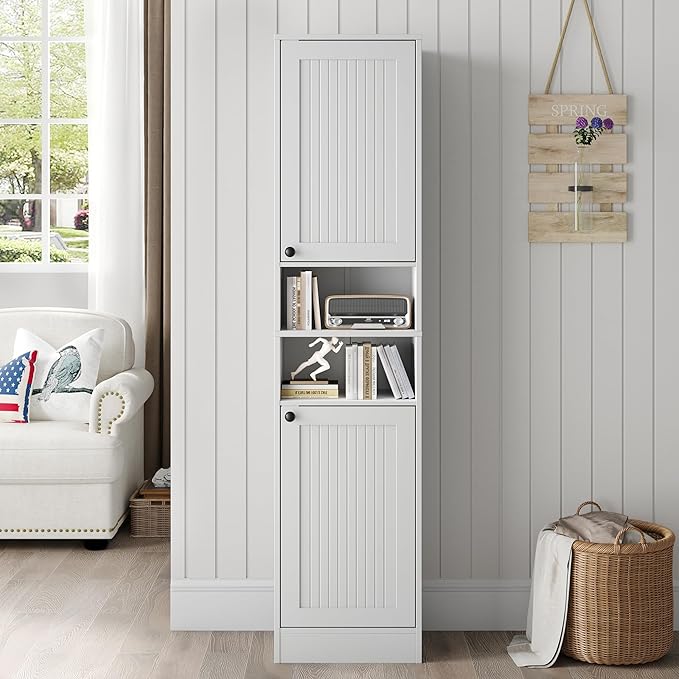 Farmhouse Bathroom Cabinet with 2 Doors, 67" Tall Slim Freestanding Cabinet, Narrow Floor Storage Unit with Open Shelf and Adjustable Shelves for Bathroom, Living Room, Kitchen, White