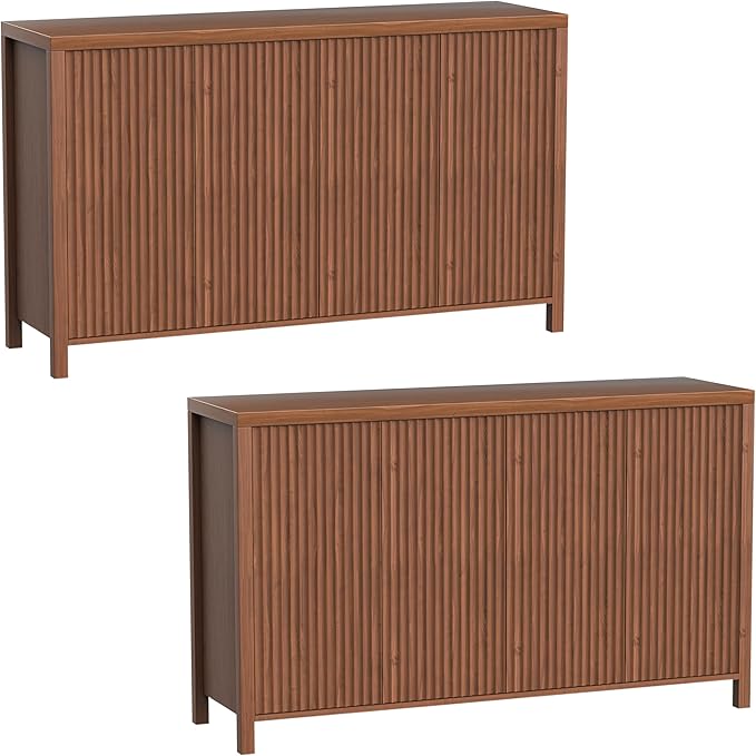 YOUDENOVA Fluted Buffet Cabinet with Storage Set of 2, Modern Sideboard Cabinets with 4 Doors & Adjustable Shelves, Accent Credenza Storage Cabinet, Wood Entryway Cabinet for Living Room, Brown