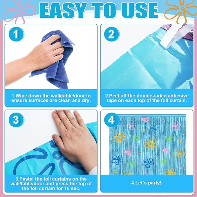 4 Pack Cartoon Sponge Theme Party Decorations 3.2ft X 8.2ft Under the Sea Party Supplies Flowers Bubbles Jellyfish Foil Fringe Photo Backdrop Decor for Birthday Sponge Party Photo Props
