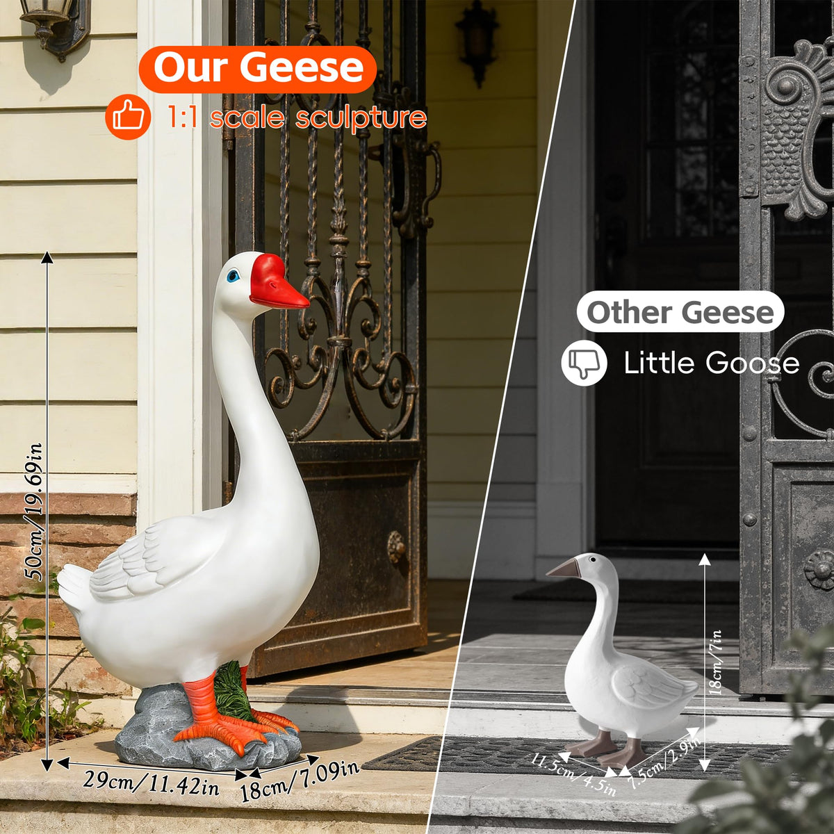 20" Large Porch Goose Statue Decor, White Lifelike Resin Goose Sculpture