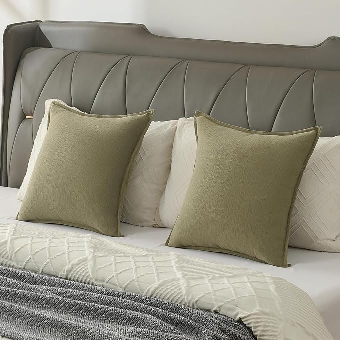 FUTEI Olive Green Chenille Throw Pillow Covers 18x18 Inch Set of 2,Edges Double-Stitched Cushion Cases,Modern Home Decor for Couch Living Room