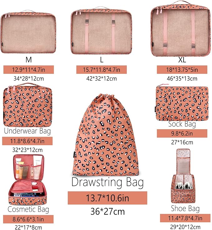 BAGAIL 8 Set Packing Cubes Luggage Packing Organizers for Travel Accessories-Pink Leopard