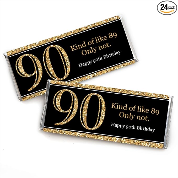 Big Dot of Happiness Adult 90th Birthday - Gold - Candy Bar Wrappers Birthday Party Favors - Set of 24