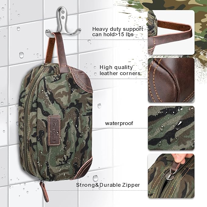 Emissary Leather & Canvas Dopp Kit - Men's Shaving & Toiletry Travel Bag, Small, Camo-Green