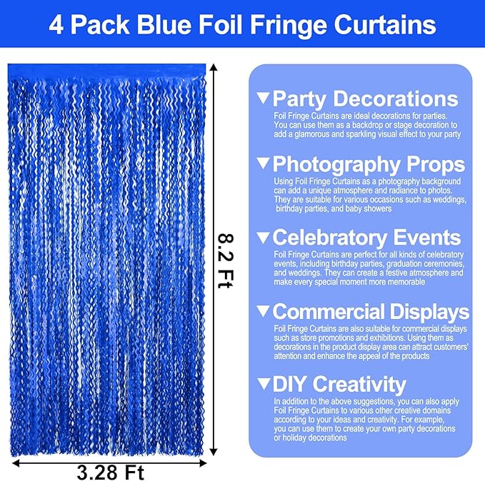 4 Pack Blue Wave Foil Fringe Curtain Backdrop, 3.28Ft x 8.2Ft Metallic Tinsel Foil Fringe Streamer Curtains for Photo Booth, Mother's Day, Easter, Birthday, Wedding Party Decoration