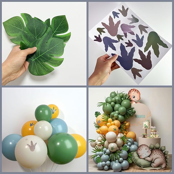 Dinosaur Balloon Arch Kit, 144pcs Dusty Blue, Sage Green & Yellow Latex Balloons with Footprint Stickers, Monstera Leaves for Boy's Three Rex Birthday, Baby Shower