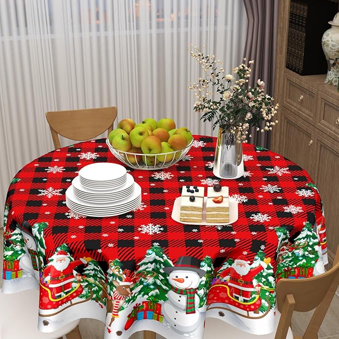Christmas Round Tablecloth 70 Inch Xmas Snowman and Snowflake Pattern Circle Table Cloth Red Plaid Table Cover Winter Washable Polyester Decor for Home Kitchen Dinning Party