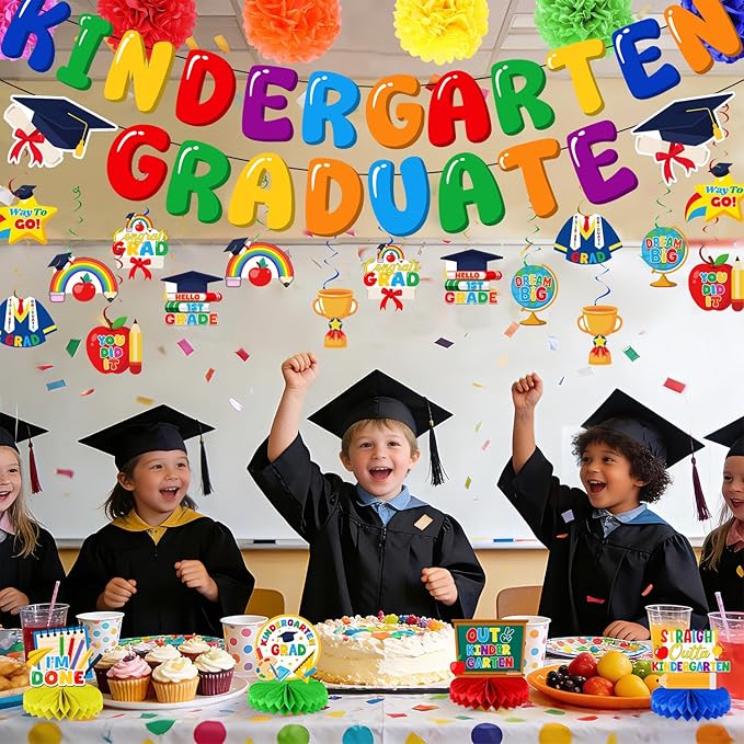 Kindergarten Graduation Decorations Set, Congrats Grad Decor Kit - 27 PCS with Banner, Pom Poms, Hanging Swirls & Centerpieces, Class of 2026 Party Supplies