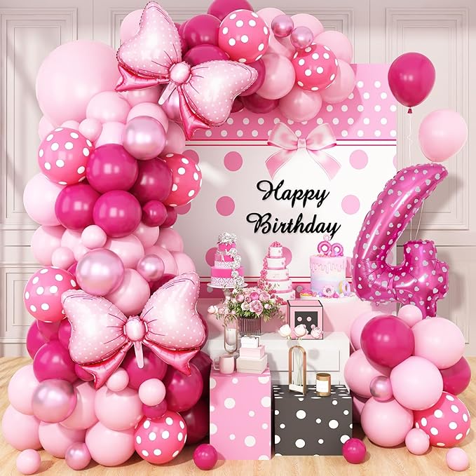 Pink 4th Birthday Balloons Decorations, Hot Pink Rose Polka Dots Balloon Arch Kit, Huge Bow Foil Balloons, pink Number 4 Balloon Tower for Baby Shower Girls Princess 4th Theme Party